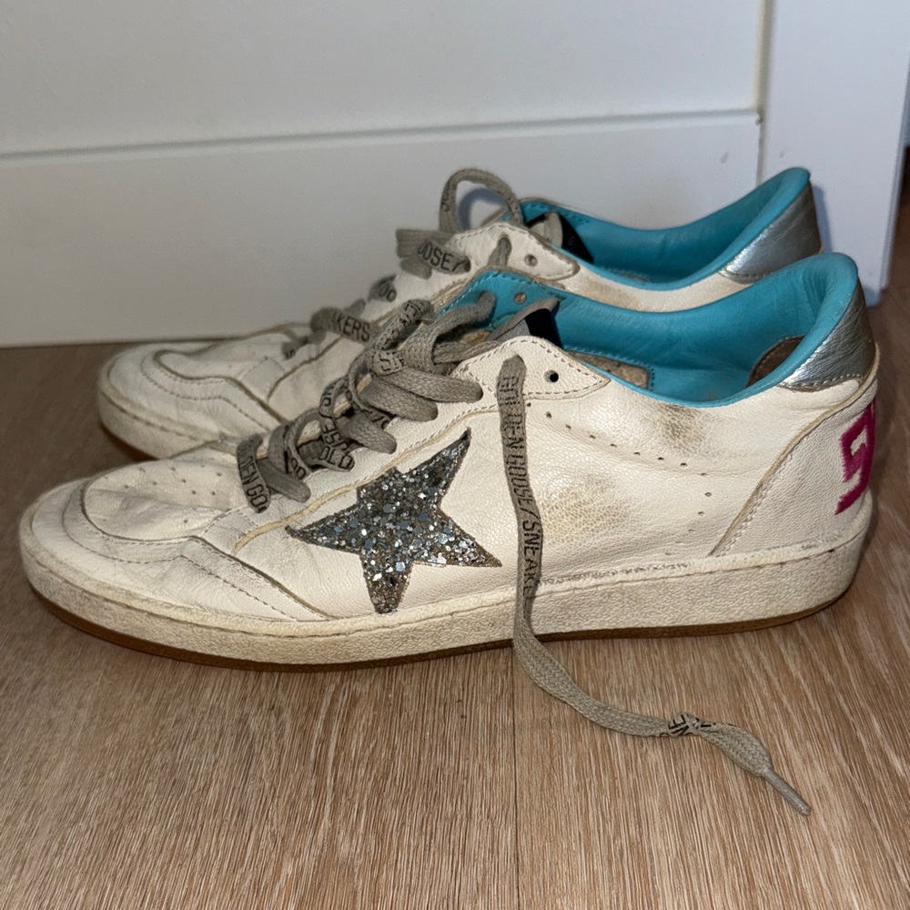 Golden Goose White Sneakers with Glitter Star and Blue Accents